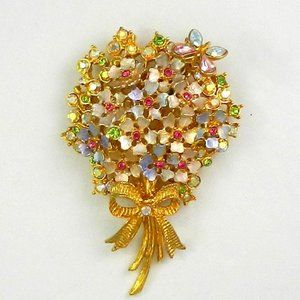 Vintage RJ Graziano Trembler Butterfly Rhinestone Flower Brooch Signed